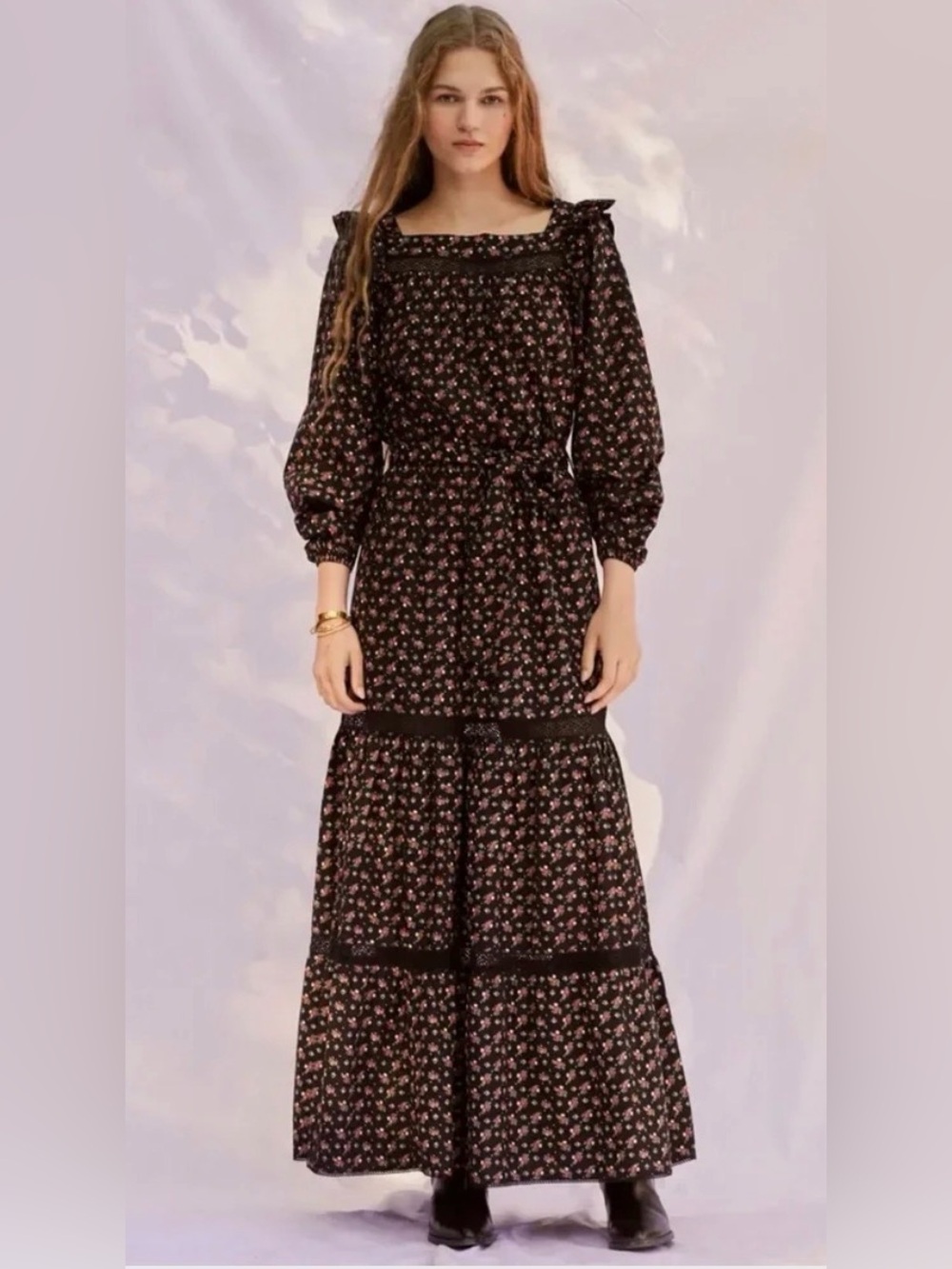 Sonmer Floral Smocked Waist Maxi Dress - Black with Pink Floral